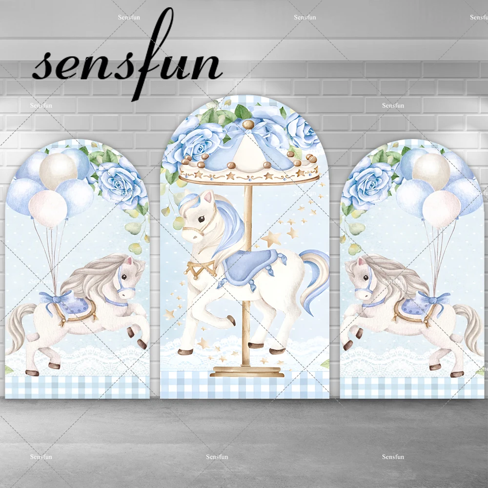 

Blue Carousel Baby Shower Chiara Arch Backdrop Cover Floral Balloons Oh Baby Newborn 1st Birthday Party Backgrounds Doubleside