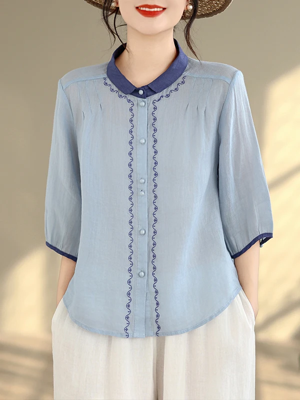 

Retro Artistic Summer Women's Shirt Loose Fit Short Sleeve Embroidered Thin Color Block Youthful Fashionable Casual Neck