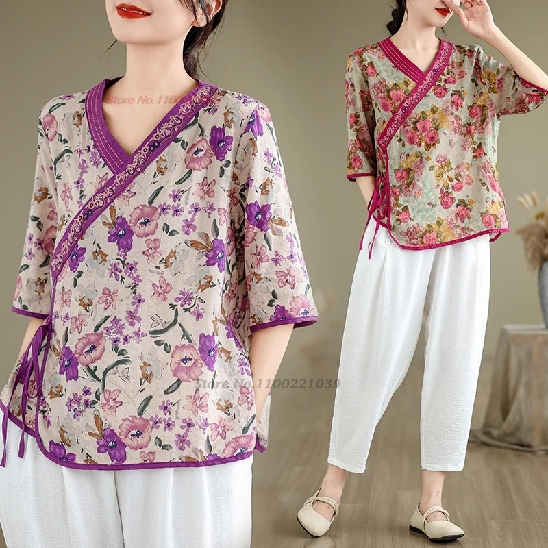 

2024 chinese improved v-neck blouse women national flower print embroidery vintage blouse traditional chinese retro hanfu tops