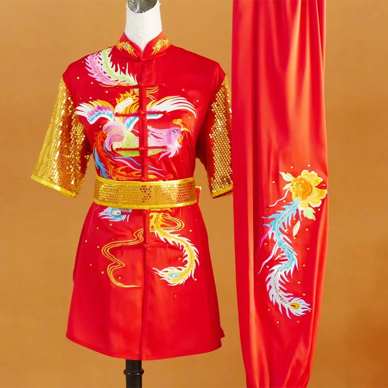 

Custom Tailored Kung Fu Long Fist and Tai Chi Martial Arts Uniform for Competition Embroidered Dragon and Phoenix Red Clothes