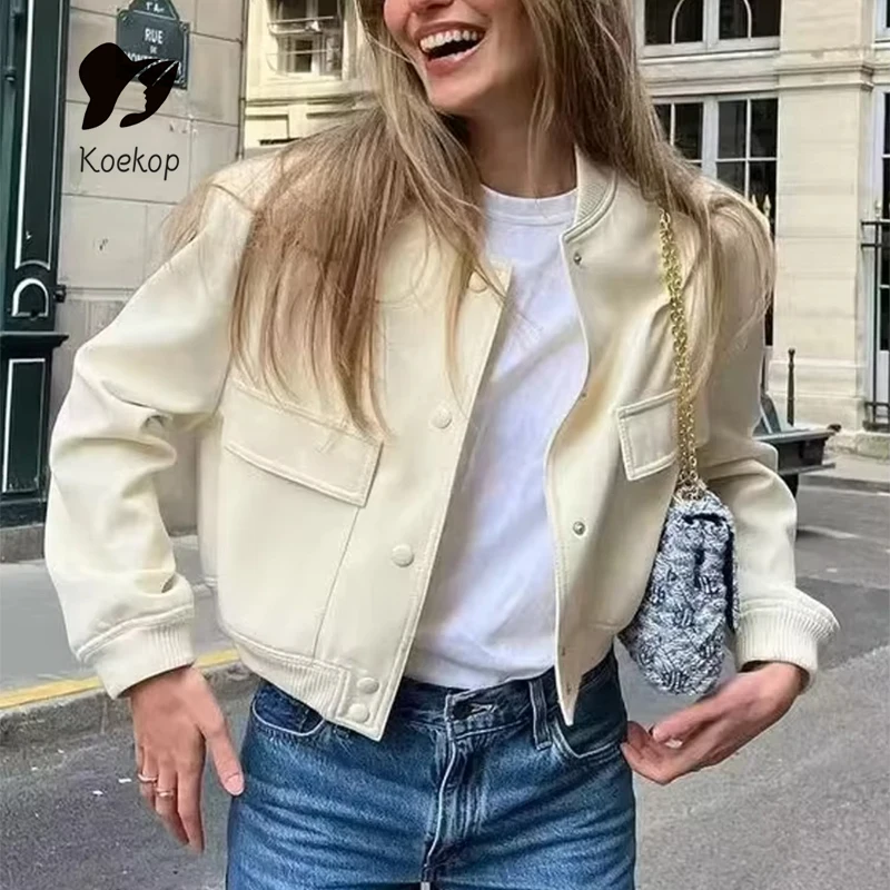 Koekop 2024 Fashion Long Sleeve Crop Outerwear Woman Bomber Jacket White Autumn Winter Button Cropped Jackets for Women