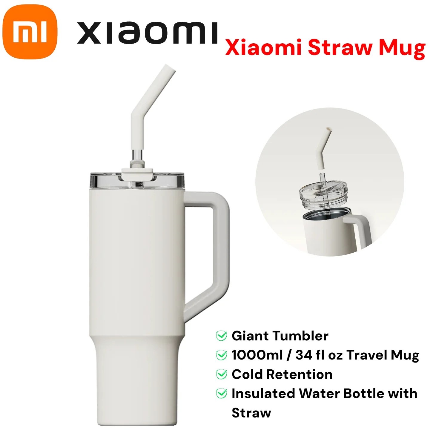 Mijia Straw Cup Stainless Steel Insulated Leakproof Portable Handle Gym Cycling Hiking Sports Water Bottle Large Capacity