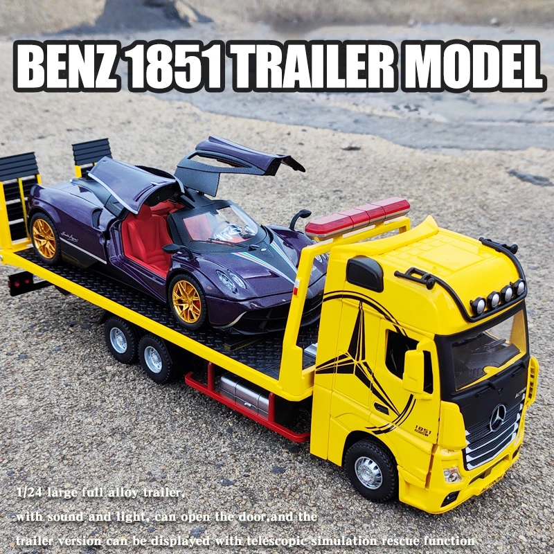 Large Mercedes Benz 1851 Flatbed Trailer Alloy Model Car Diecast Vehicle Collection Simulation Sound ＆ Light Toys Gifts For Kids