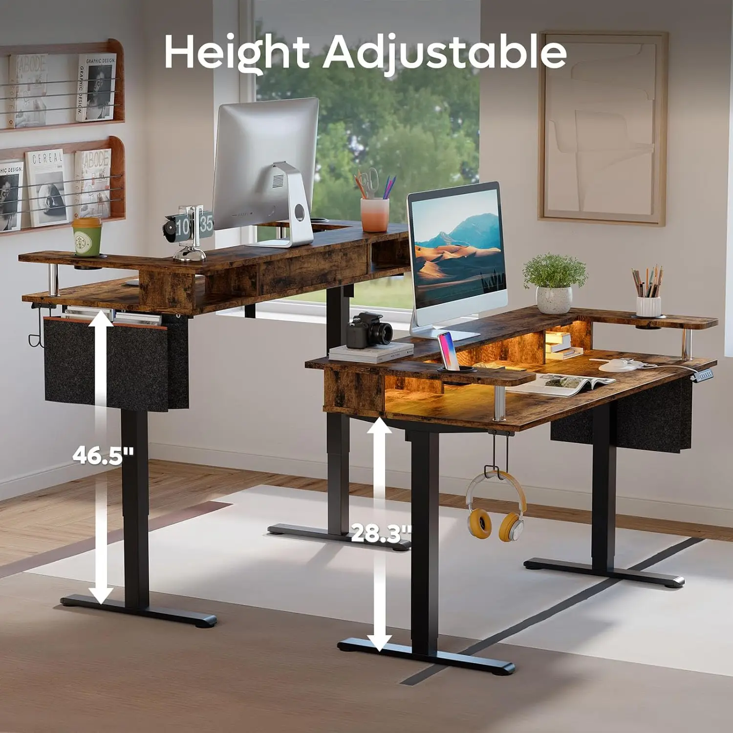 Bureau debout électrique à LED réglable, grand support assis avec support de moniteur, bureau ergonomique pour la maison, recommandé, 58x26 pouces