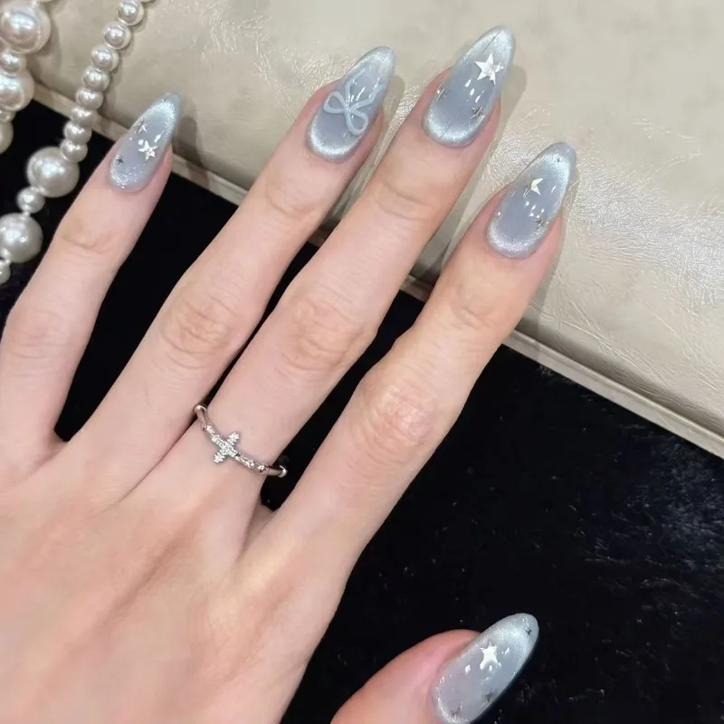 10PCS Blue Blush Bow Long Oval Press on Nails Handmade Shiny Nude Cat Eye Silver Star Sweet False Nails Wearable Fake Nails Tips