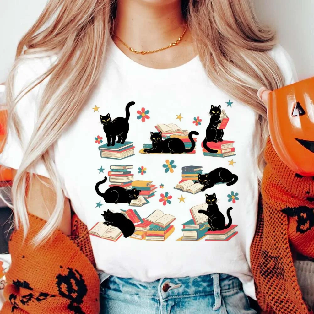 Trend ige 90er Jahre süße T-Shirt Kleidung gedruckt T-Shirt Frauen schwarze Katze T-Shirt Kurzarm gedruckt Muster Mode lässig T-Shirt