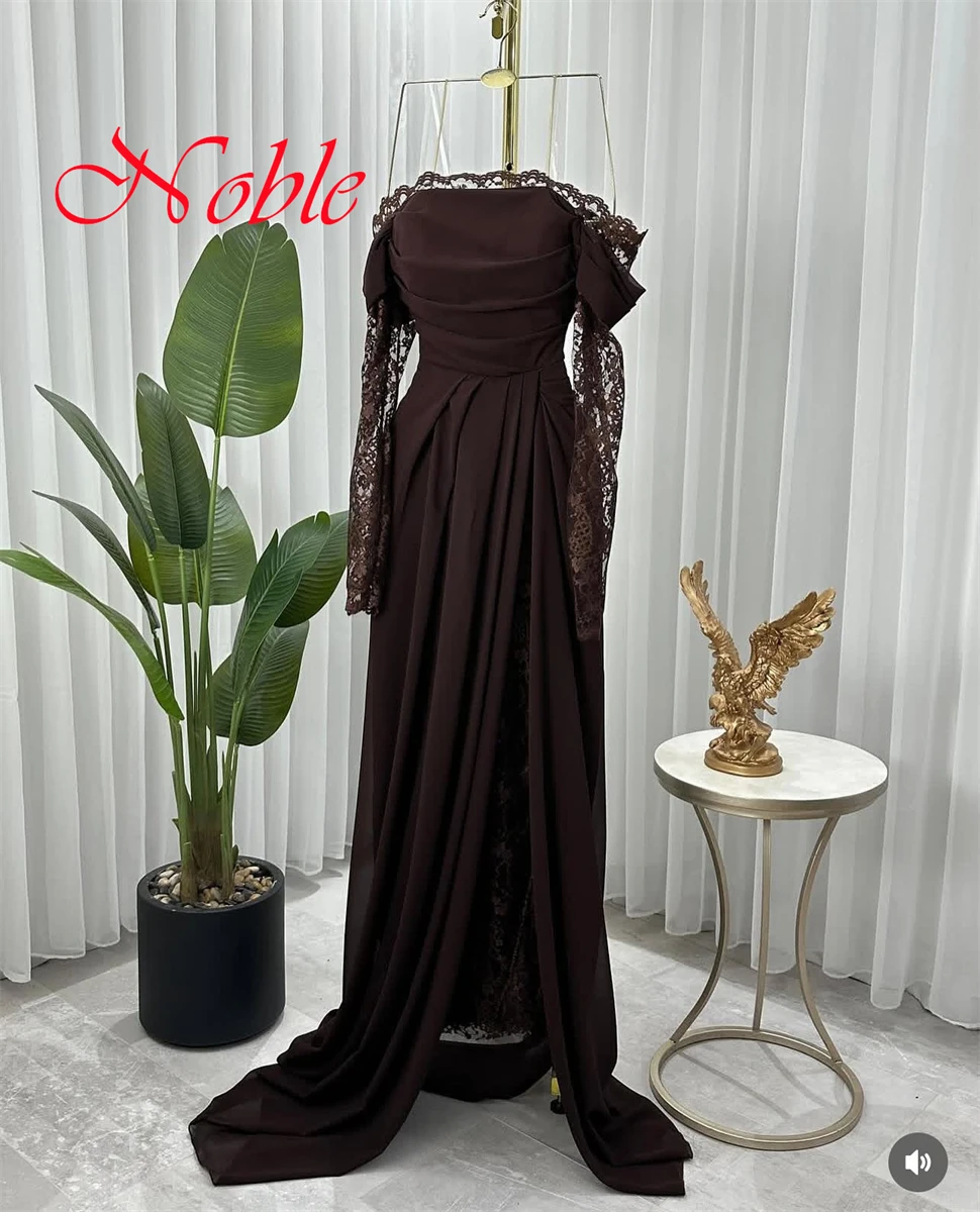 Customized High Quality audurn Chiffon Evening Dress Exquisite Boat Neck Off the Shoulder Lace Long Sleeves Cocktail Dress