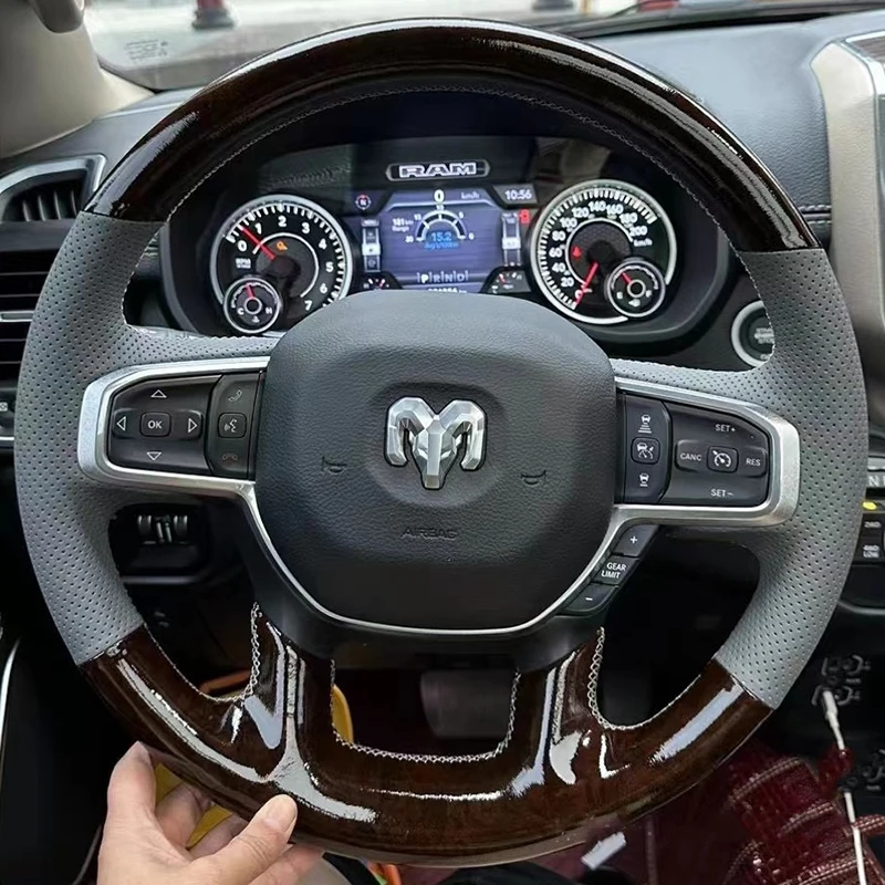 For Dodge RAM 1500 2019-2023 RAM 2018-2023 Hand-Stitched Non-Slip Black Genuine Leather Car Steering Wheel Cover