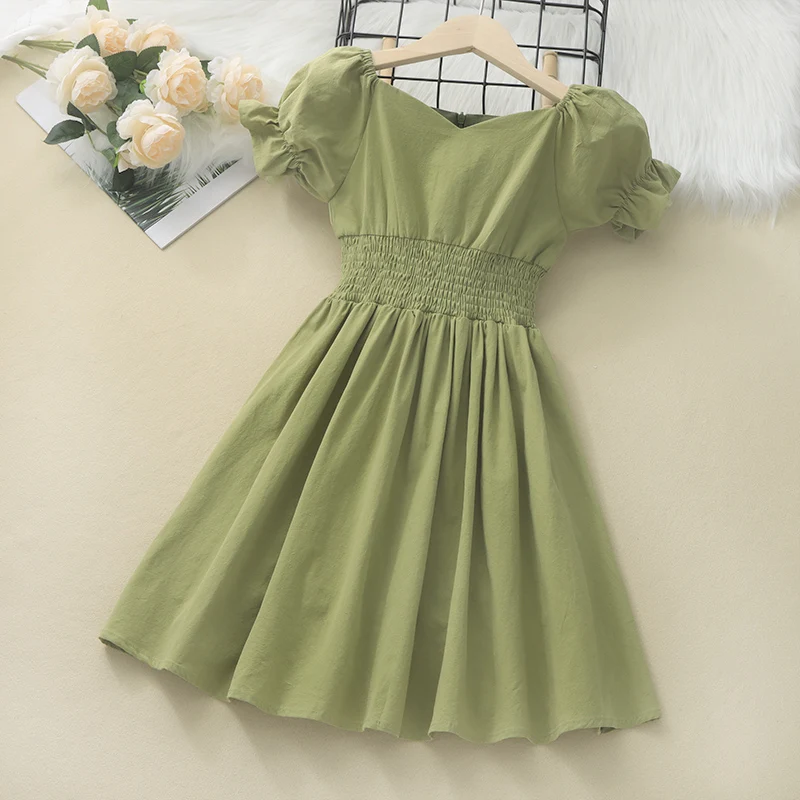

Children's clothing Girls' Dress Summer 2024 Elegant Girls' Older Children's Skirt Green Cotton Skirt Korean Version Middle