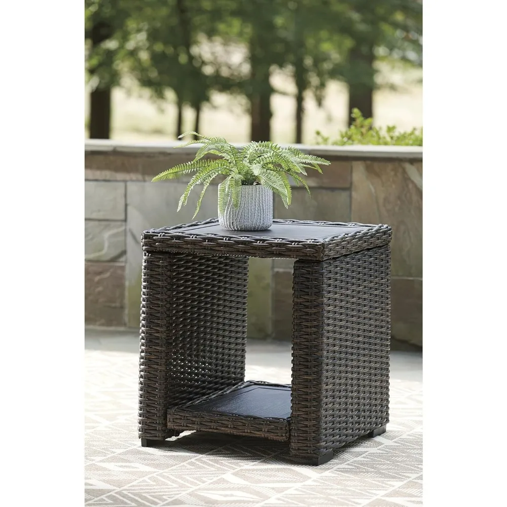 y Ashley Grasson Lane Outdoor Rattan Square End Table with Storage, Brown