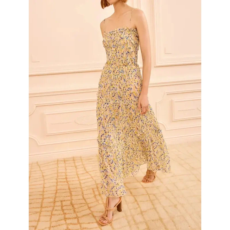 

2026 Women's Flower Printed Silk Set Ruffles Hem Camisole + Ruffles Spliced High Waist A-Line Long Skirt Elegant Ladies Suit