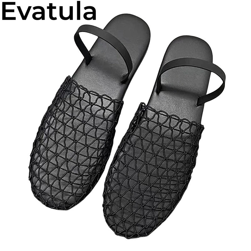 

2024 Summer Black Mesh Flat Sandals Women Round Toe Hollow Out Fishing Net Mules Outdoor Casual Bohemian Beach Shoes Femininas