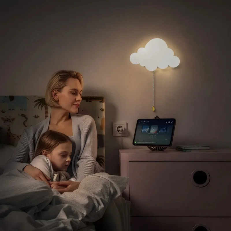 Cute Cloud Wall Lamp Battery Operated Pull Chain Night Light Wall Mounted Lighting for Kids Bedroom Nursery Room Decor