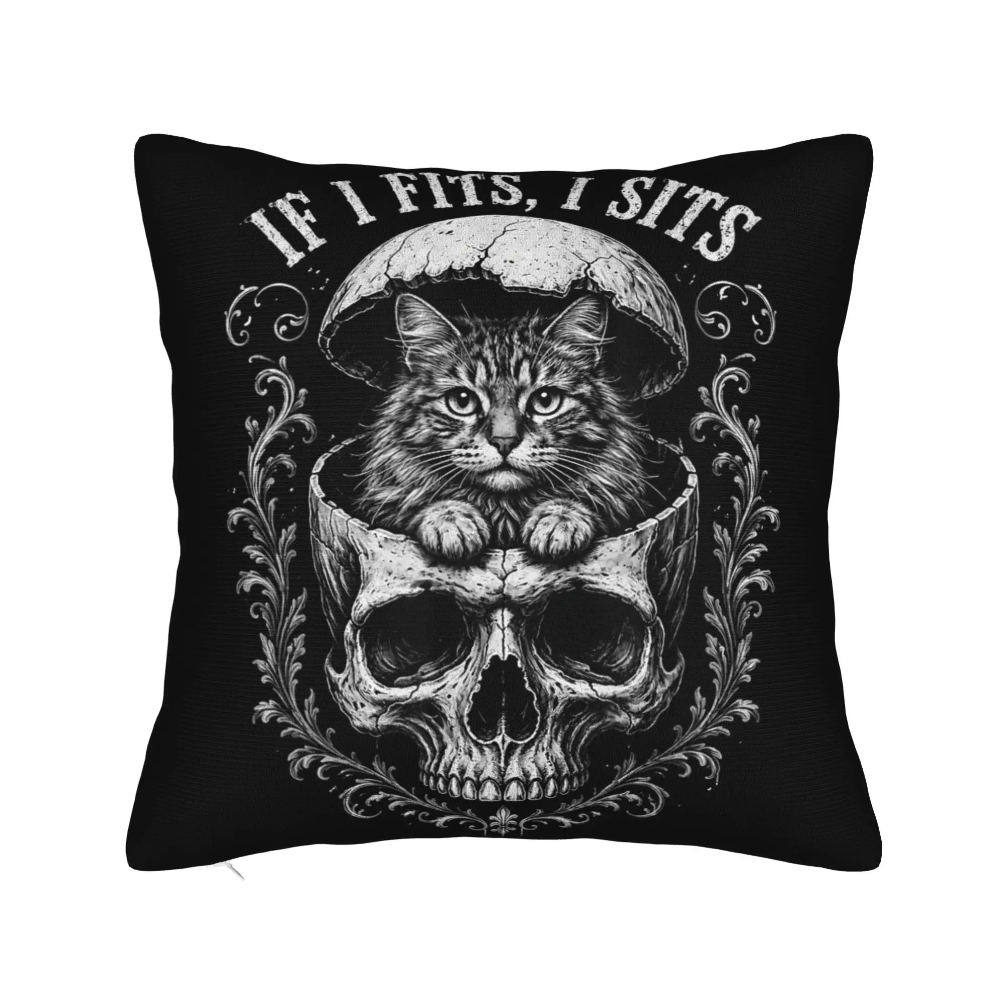 If I Fits I Sits Black Cat Skull Gothic Dark Humor Meme Pillow Case  Comfy Pillow Cover For Living Room Bed Chair Pillowcases