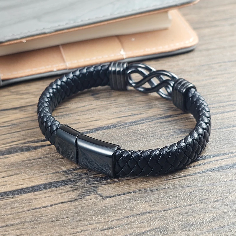 Vintage Punk Herren Schwarzes Geflochtenes Lederarmband Edelstahl Unendlichkeitsknoten Magnetverschluss Retro Schmuck Geschenk für Ihn – Detail 7