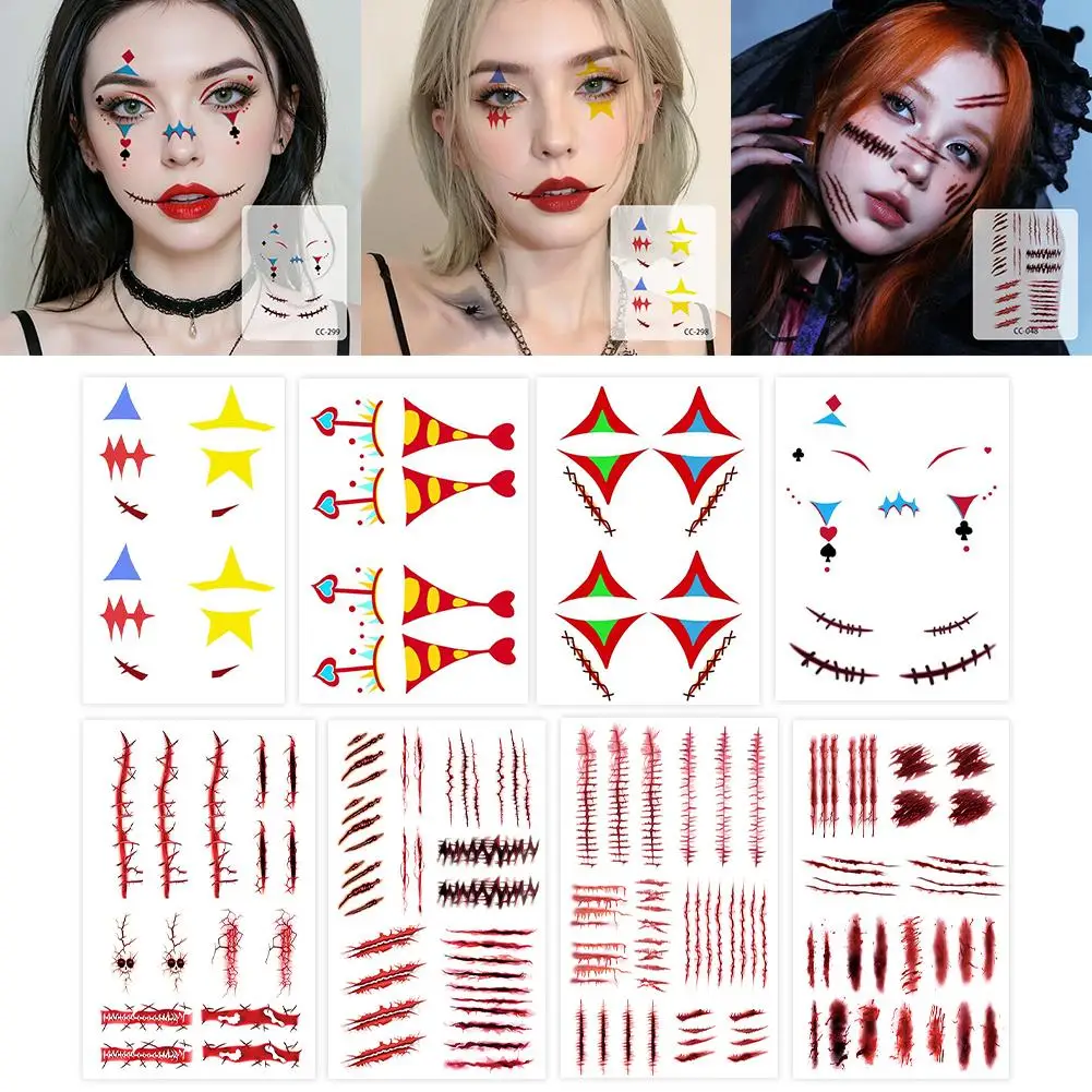 Stiker Tato Halloween, Stiker Wajah Sementara Halloween, Tato Makeup Luka Simulasi Gotik, Stiker Bekas Luka, Makeup Wajah E4V4