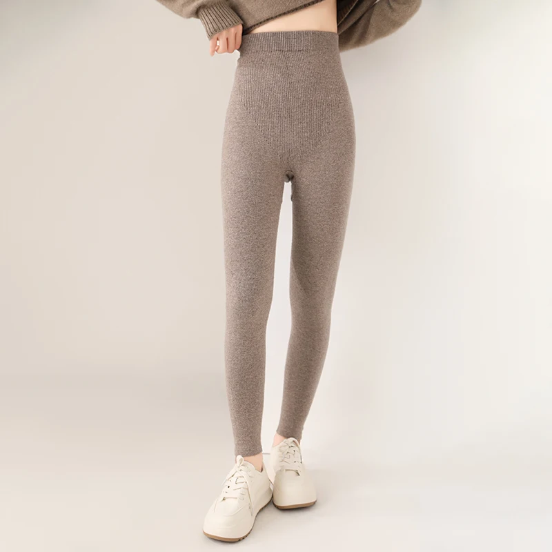 Women 100% Merino Wool Knitted Leggings Autumn Winter Soild High Waisted Wool Pants Comfort Small Leg Pants Versatile Thick Warm
