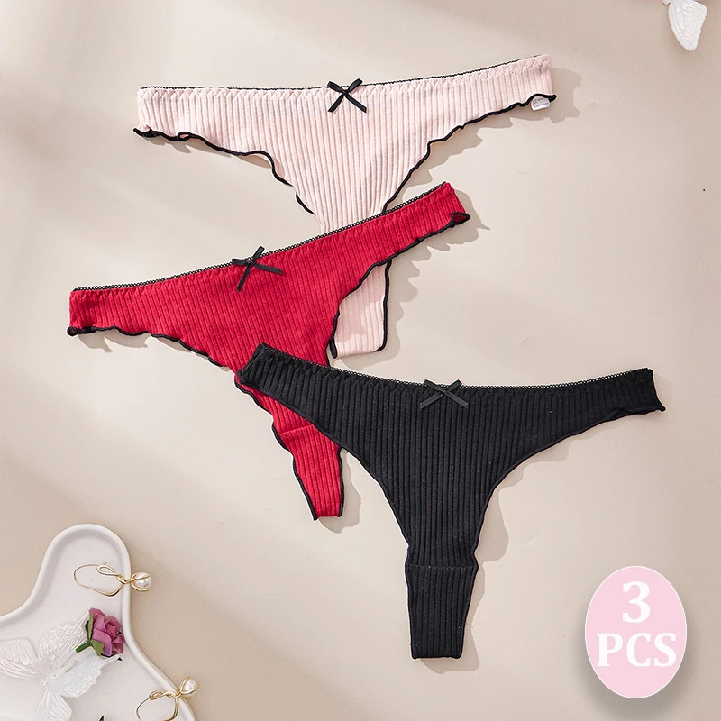 

3 шт., женские хлопковые стринги, трусики с низкой талией и бантом, нижнее белье, сексуальное, популярное, однотонное, для женщин, нижнее белье, мягкие персональные трусики