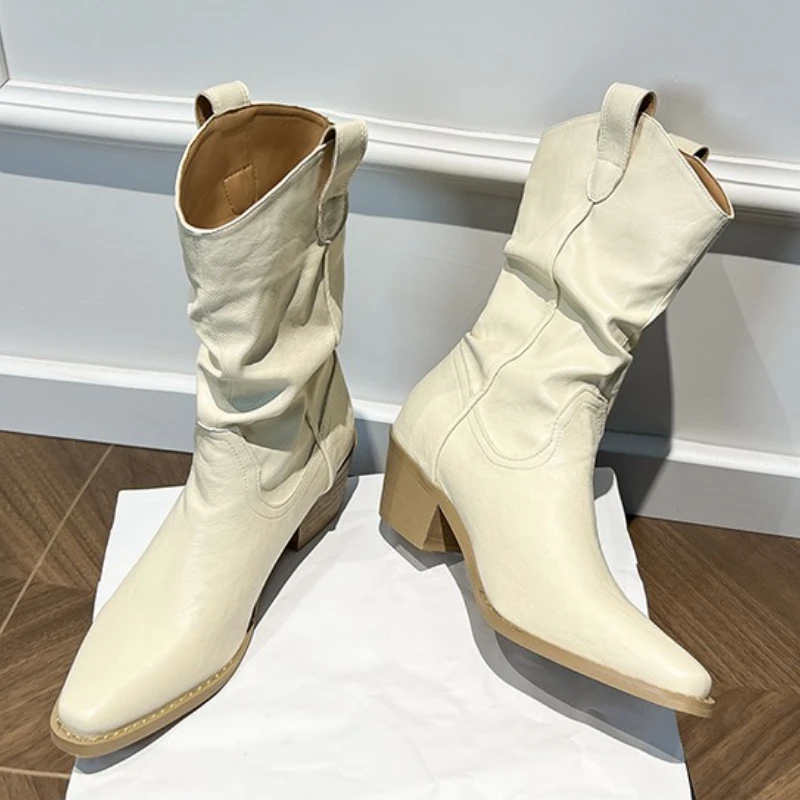 

Зимние женские высокие сапоги в стиле ретро, плиссированные средние простые короткие ботинки с острым носком, рыцарские сапоги в стиле вестерн на массивном каблуке, женские Botas Mujer
