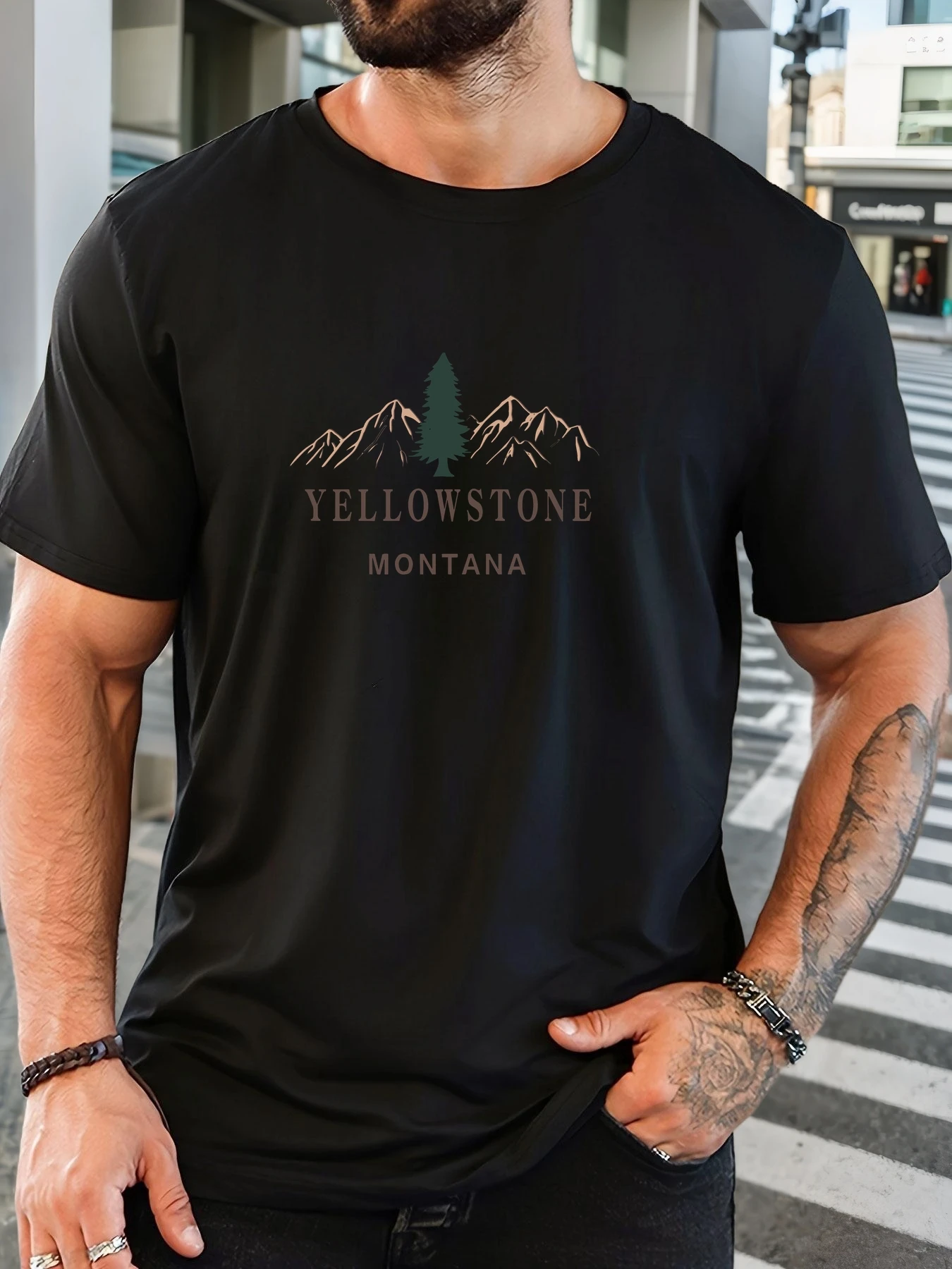 

Men's 100% Cotton Printed T-Shirt Yellowstone Park Pattern Summer Casual Oversized Round Neck Short Sleeve Comfortable Daily Tee