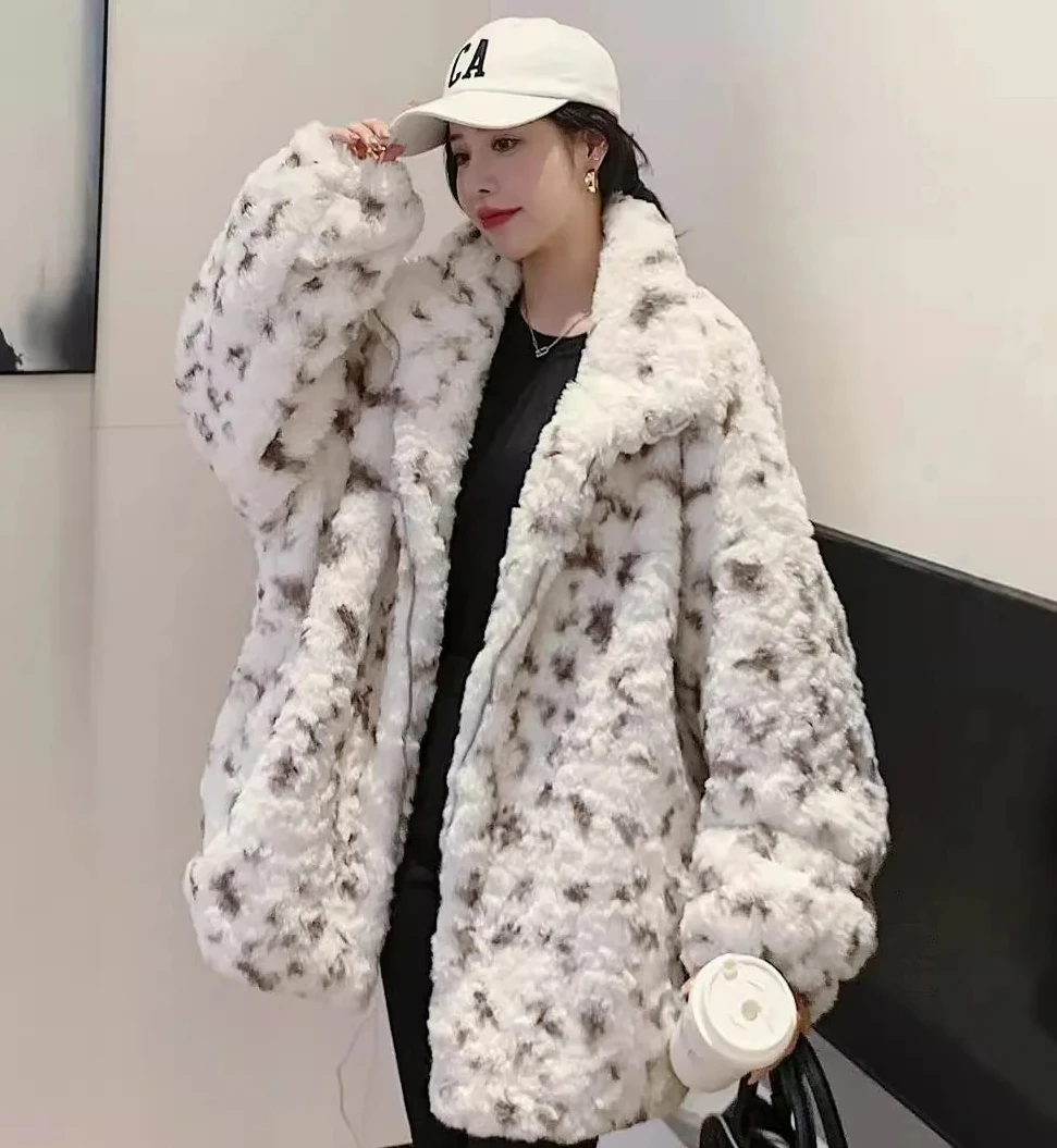 

Leopard Print Faux Fur Jacket for Women Thick Turn-Down Collar Coat Streetwear Zipper Outerwear Autumn Winter Warm