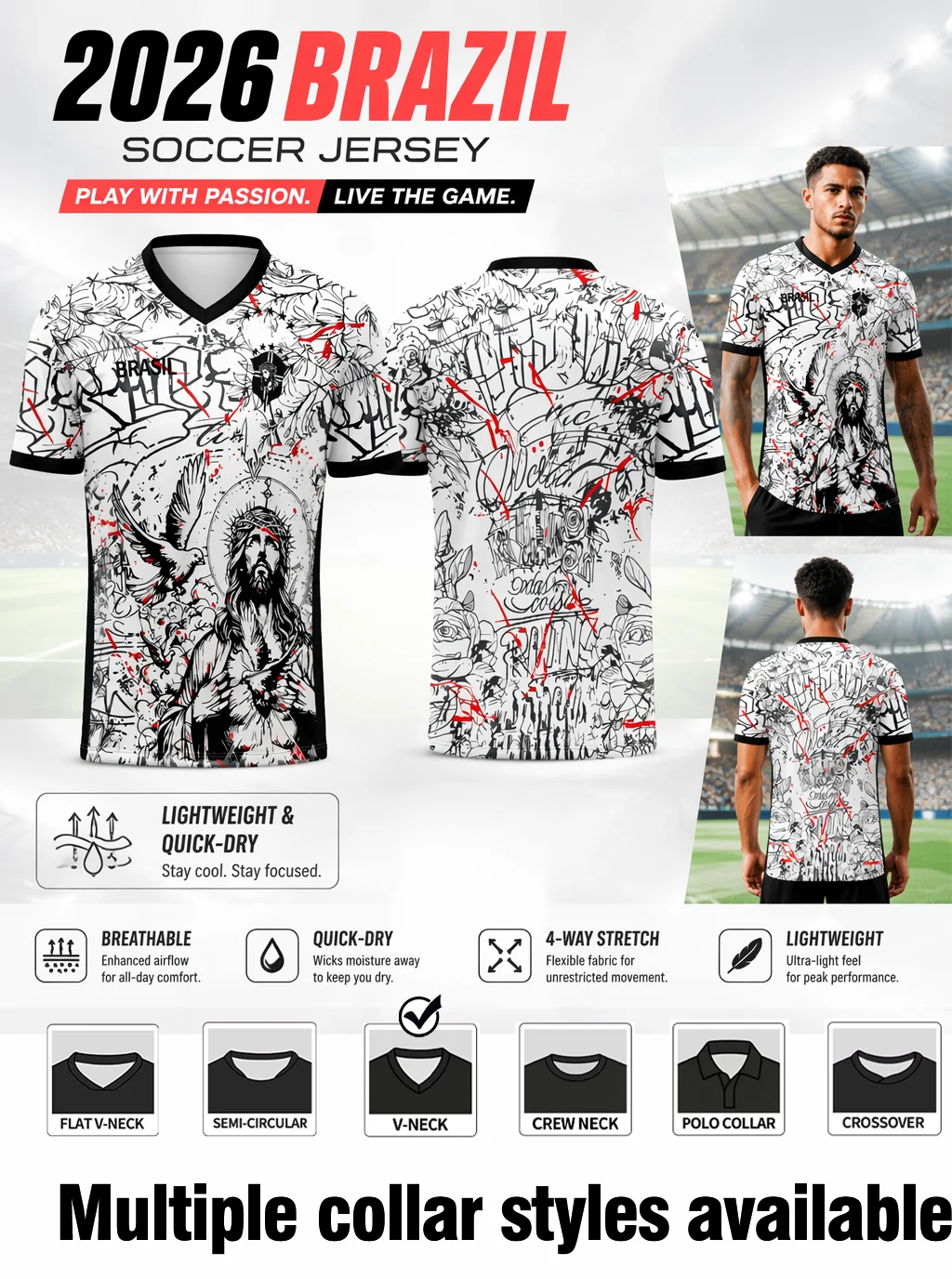 2026 Brazil V‑neck soccer jersey, graffiti‑style full‑print artwork, four‑way stretch lightweight quick‑dry fabric