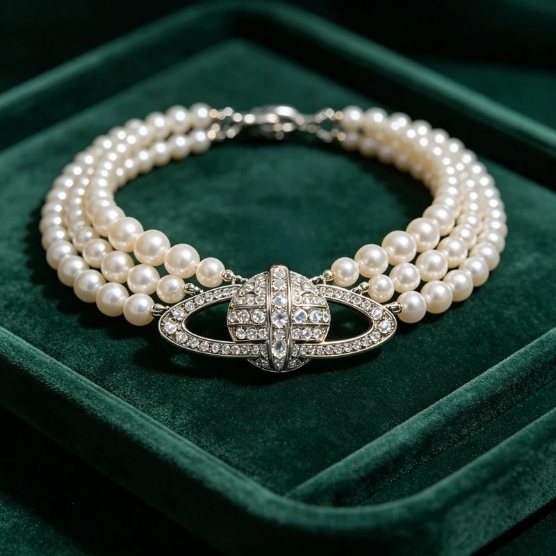 Three Row Pearl Saturn Orb Choker Platinum Plated Brass Crystal Necklace for Women Wedding Party