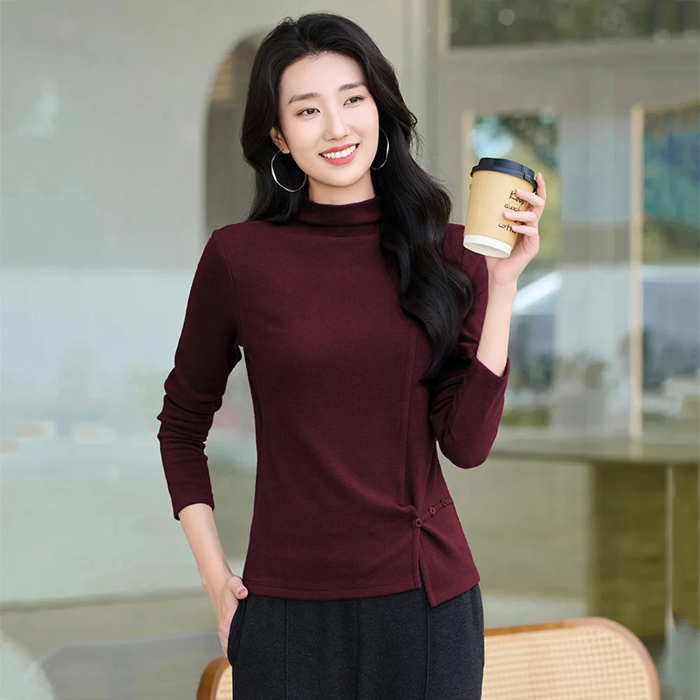 신상품 여성용 심플함 베이직 티셔츠 가을 겨울 패션 하프 하이 칼라 긴팔 웜 티셔츠 캐주얼 데일리 티셔츠 여성용