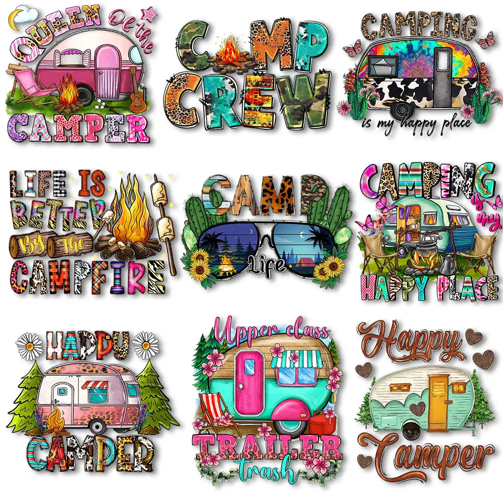 Camping Life CampFire Camper Iron on transfers Heat transfer Stickers Patches For Tshirts Clothes Hoodies