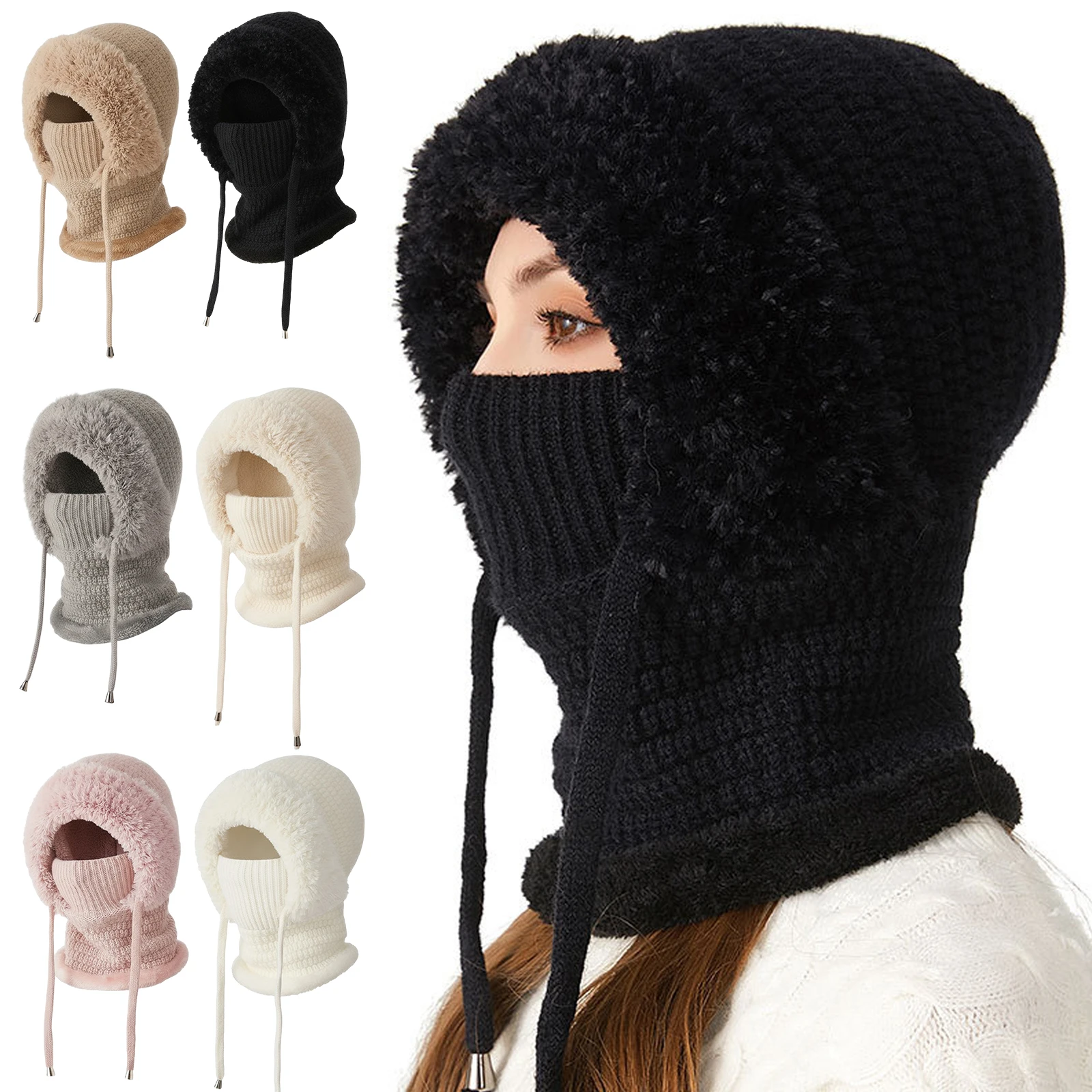 

Women 3 in 1 Windproof Beanie Hat W/Scarf and Mask Hooded One Piece Snow Cap Warm Winter Knitted Hat