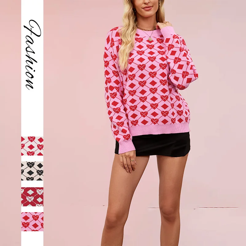 

Love Heart Sweater round Neck Pullover Large Size Valentine's Day Style Loose Fit Knitted Women's Fashion Winter Autumn New A...