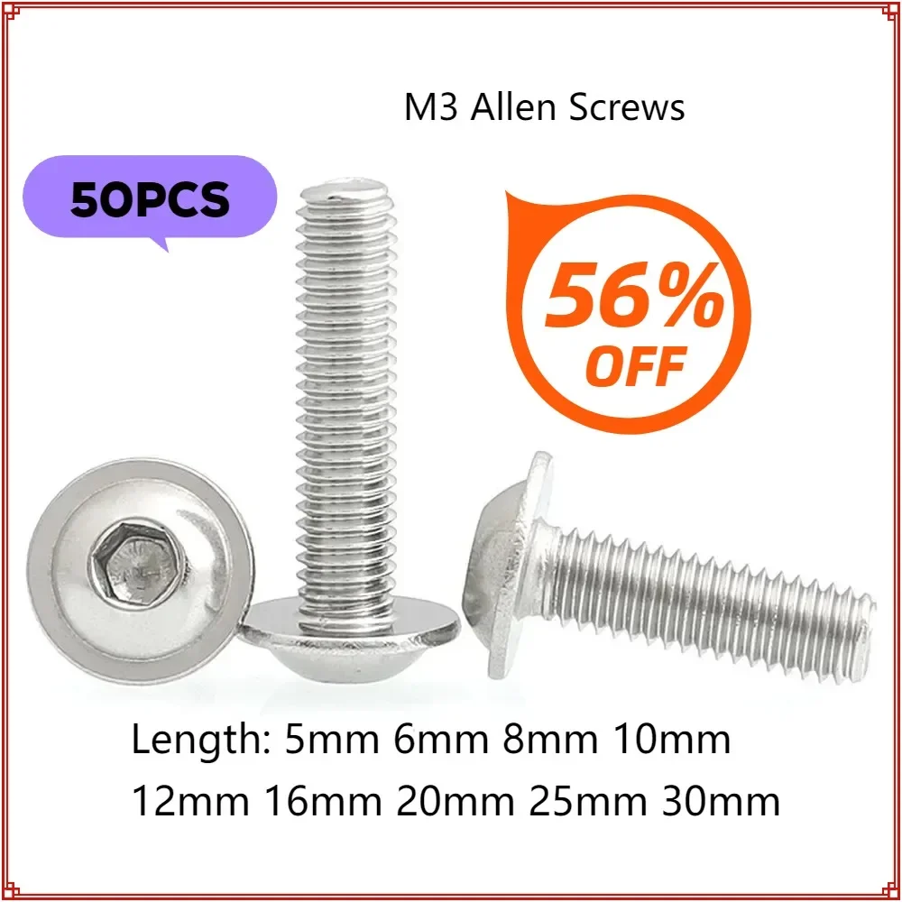 50pcs M3 Hex Socket Allen Screws Round Button Head Flange Bolts 304 Stainless Steel Screw ISO738 L=4-30mm 12 16 20 25mm 8mm