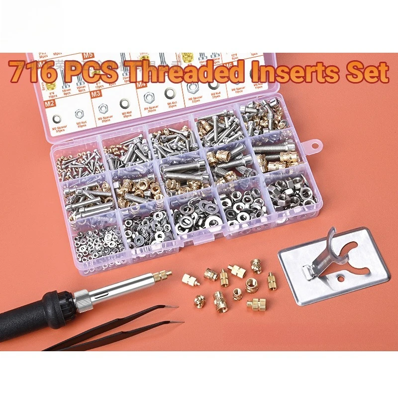716Pcs Brass Insert Nuts & Screws Kit, Hot Melt Embedded Thread Inserts with Thermal Tip for 60W Soldering Iron M2 M3 M4 M6