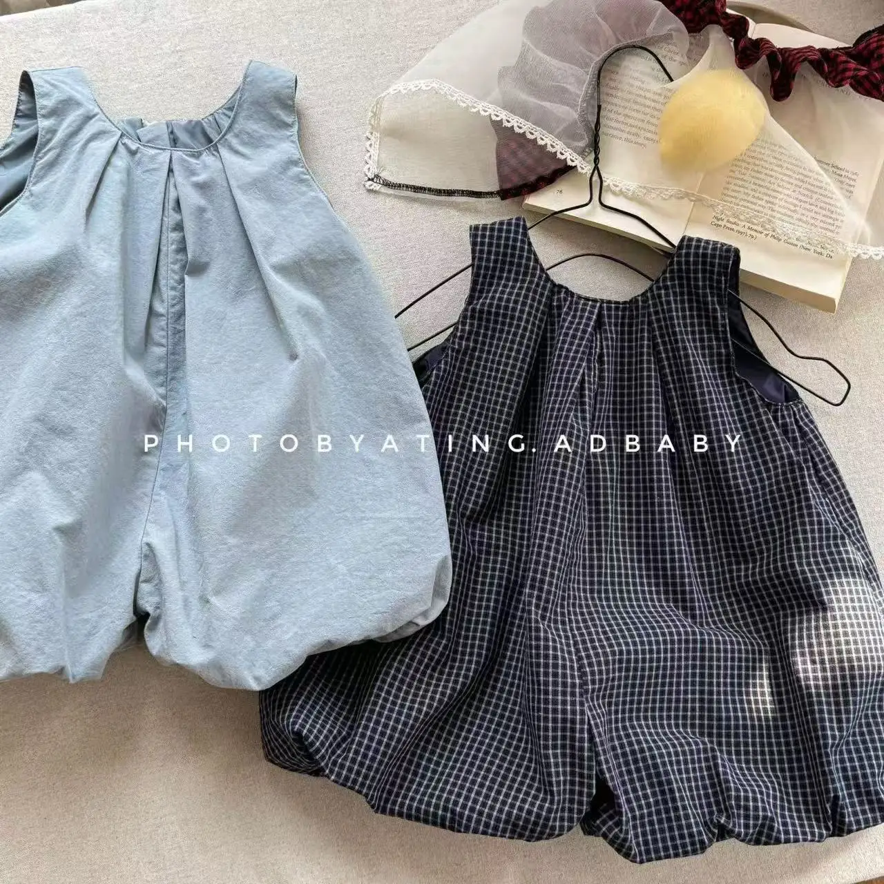 

2026 New Summer Children Plaid Lantern Jumpsuits Sleeveless Loose Korean Style Baby Girls Casual Bodysuit