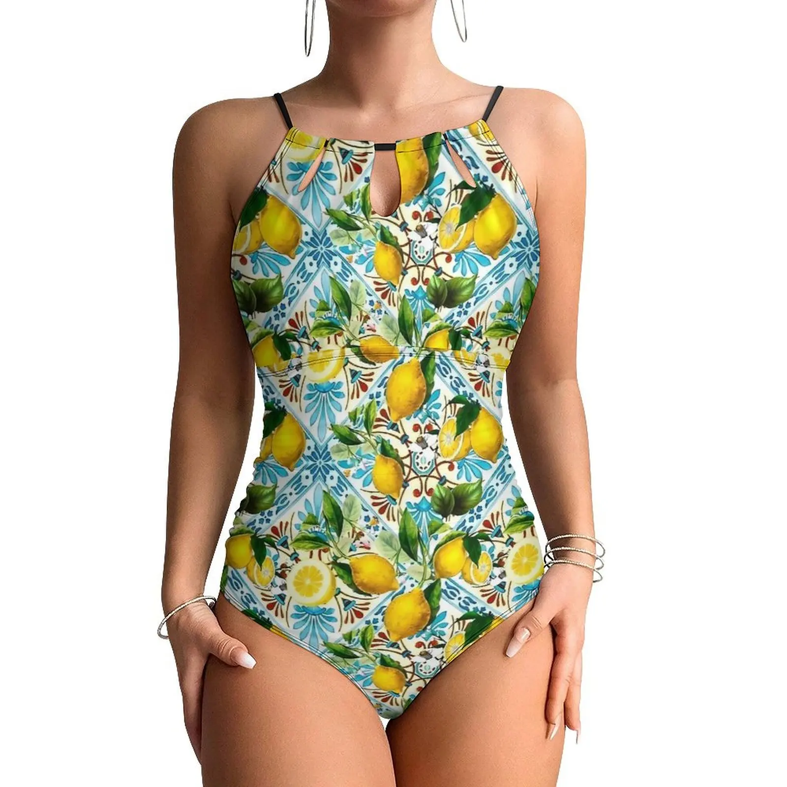 Retro Mosaic Lemon Swimsuit Sexy Sicilian Tiles One Piece Swimwear Push Up Bodysuit Elegant Holiday Rave Monokini