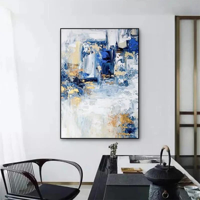 

Handmade Abstract Gold,Blue and White Oil Painting, Modern Texture Canvas Wall Art, Abstract Landscape Painting, Home Decoration