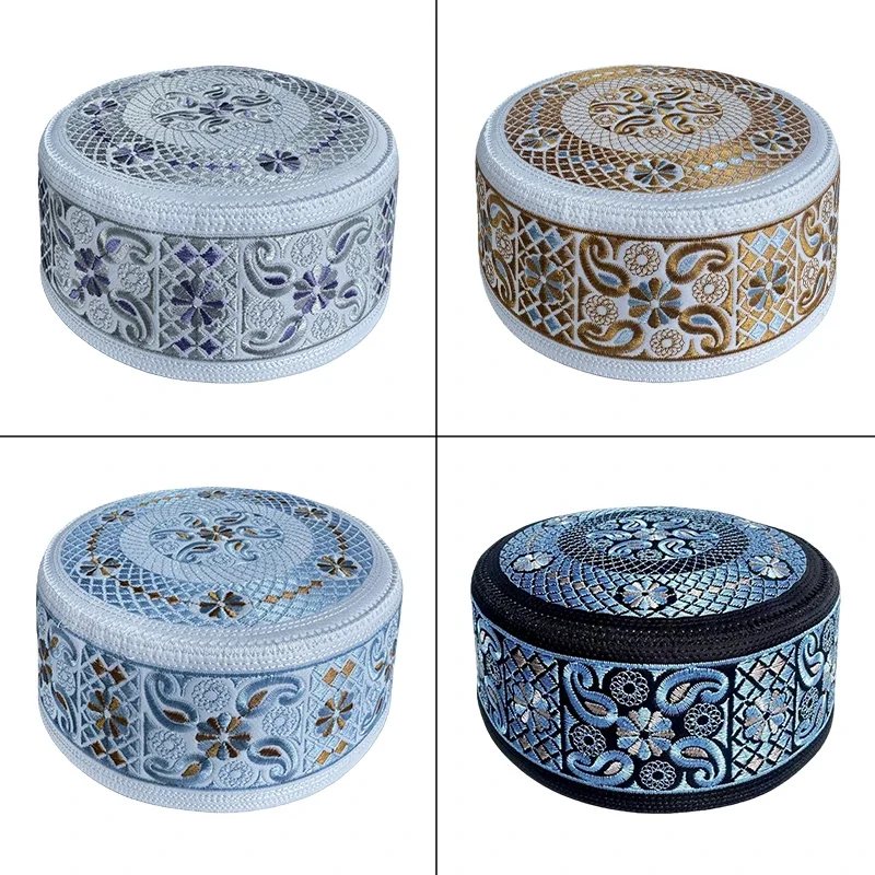 55-60 Muslim Yarmulke Fashion Muslim Hat Men Flat-top Embroidered Islam Prayer Hat Busines Party Birthday Wedding Turban Cap