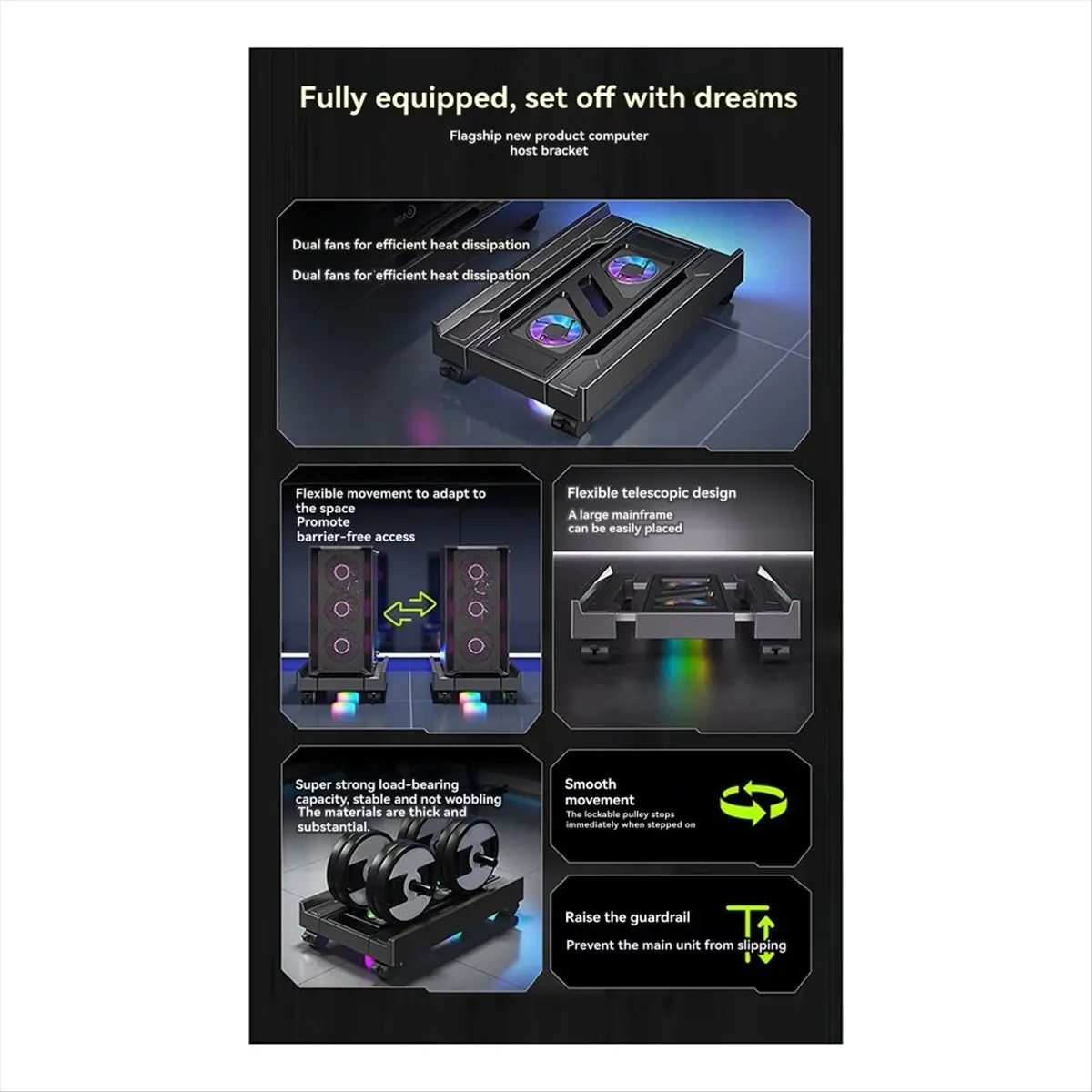 support-de-tour-pc-mobile-reglable-dt81-avec-ventilateur-de-refroidissement-rgb-support-de-cpu-telescopique-chariot-d'ordinateur-de-bureau-pour-dissipation-thermique