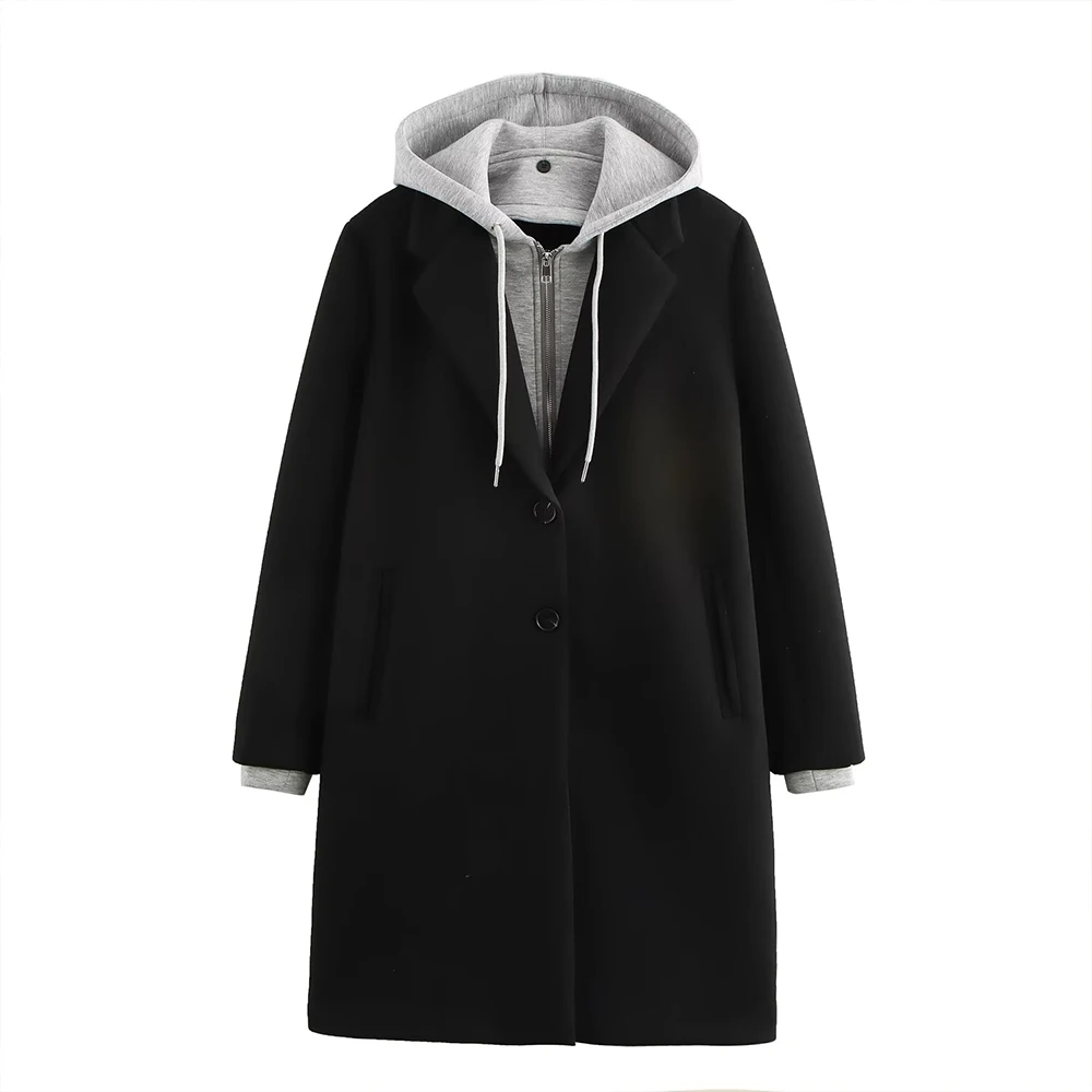 INS Fashion Detachable hooded splicing Single Breasted Zipper Pocket Design Long Sleeves Women Mid Long Coat ZATAF 2024 New