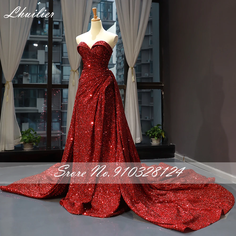 Lhuilier Strapless Mermaid Sequined Evening Dresses Floor Length Sleeveless Pleated Formal Gowns with Detachable Train