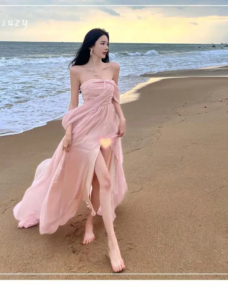 

Summer Pink Elegant Pleated High Waist Split Long Dress Women Fashion Backless Halter Strapless Fairy Dress Female 2024 Vestido