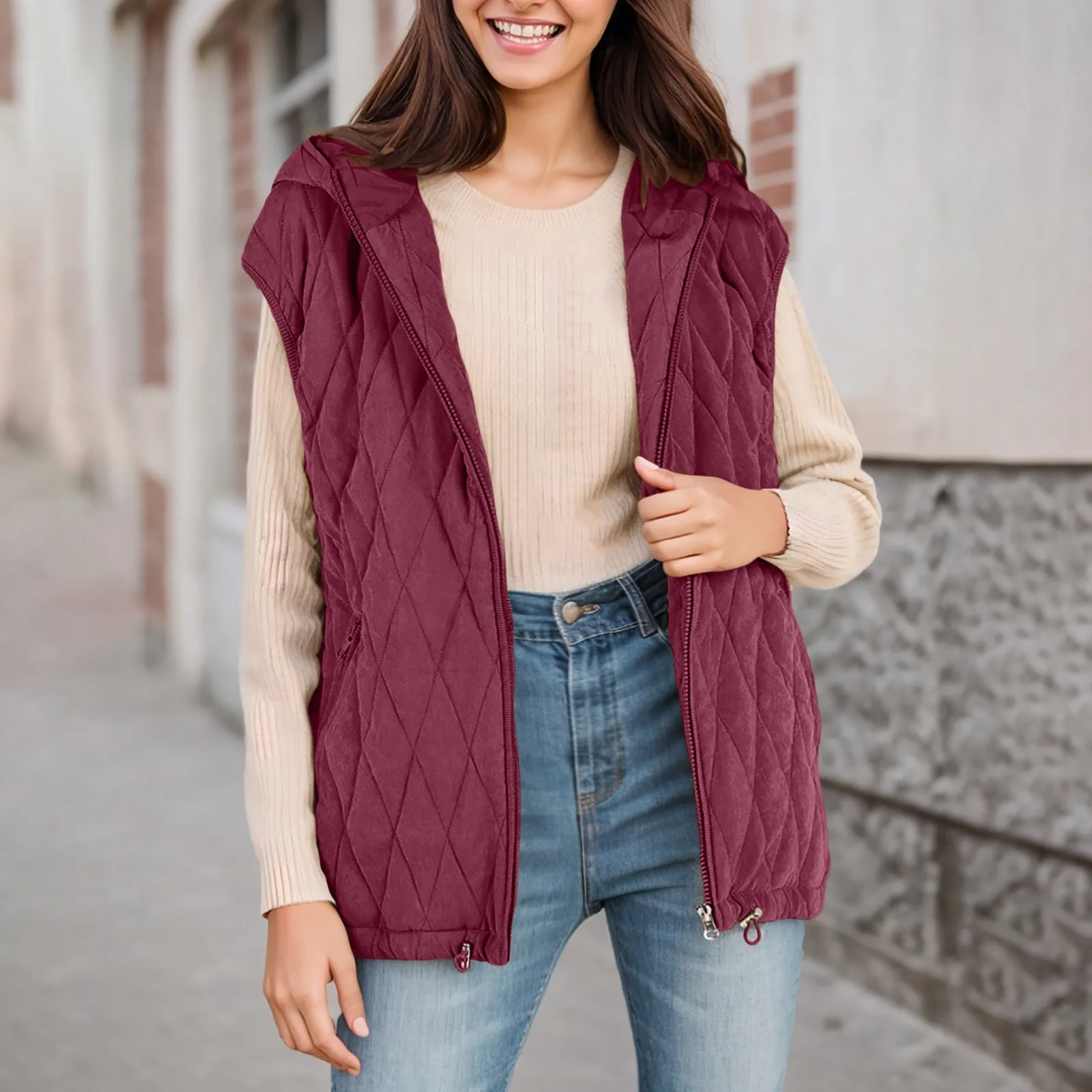 Women's Solid Color Vest Attumn And Winter Composite Zipper Vests With Pockets Hooded Sleeveless Ladies Jacket Outerwear