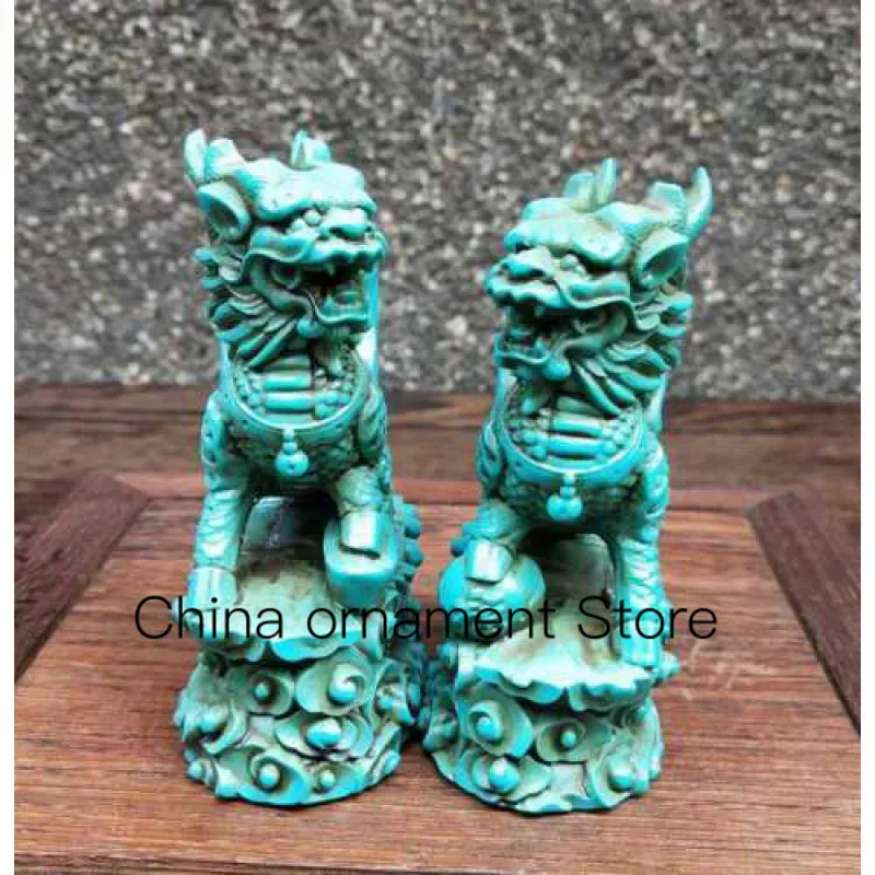 

Hand Carved Chinese Natural Turquoise Statue a Pair of Lions Delicate Green