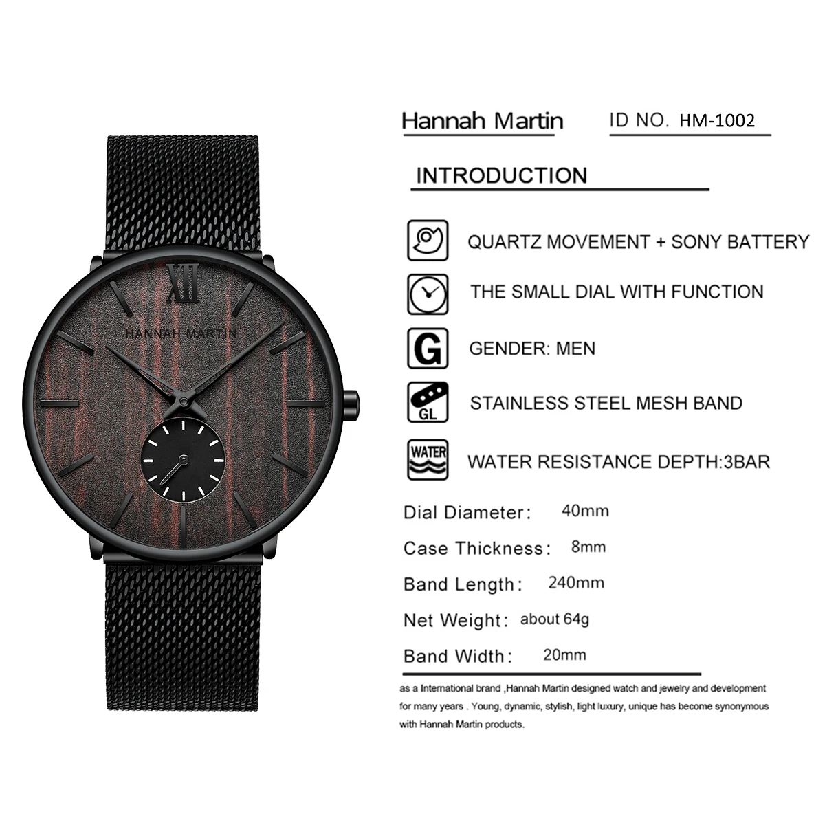 Hannah Martin Men Wrist Watch Stainless Steel Mesh Strap Wooden Dial Black Business Timing 3Atm Waterproof Quartz Movement Watch