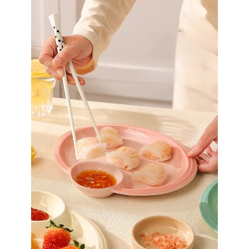 

Dumpling Plate with Vinegar Plate Divided Into Compartments Ceramic Household High Temperature Resistant Sauce Plate