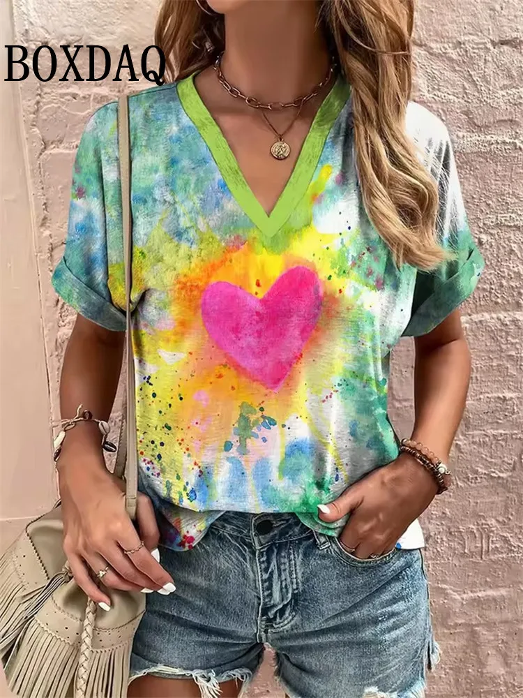 

2025 New Summer Women's V-Neck T-Shirt Outdoor Casual Short Sleeve Tops Fashion Tie Dye Love Print Plus Size Women Clothing 8XL
