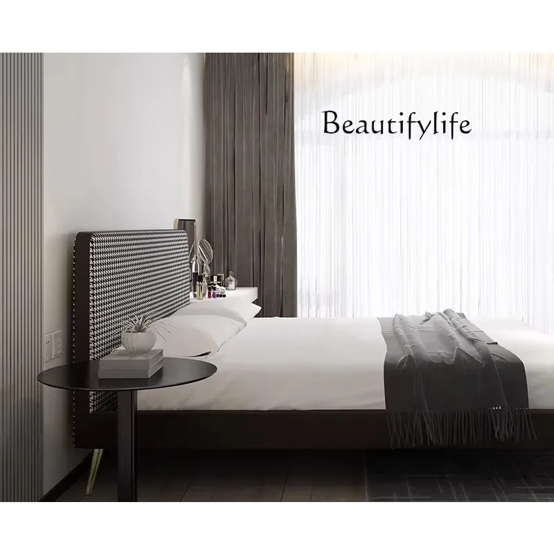 

Nordic light luxury bed modern simple thousand bird grid leather bed bedroom double fabric soft bag designer bed