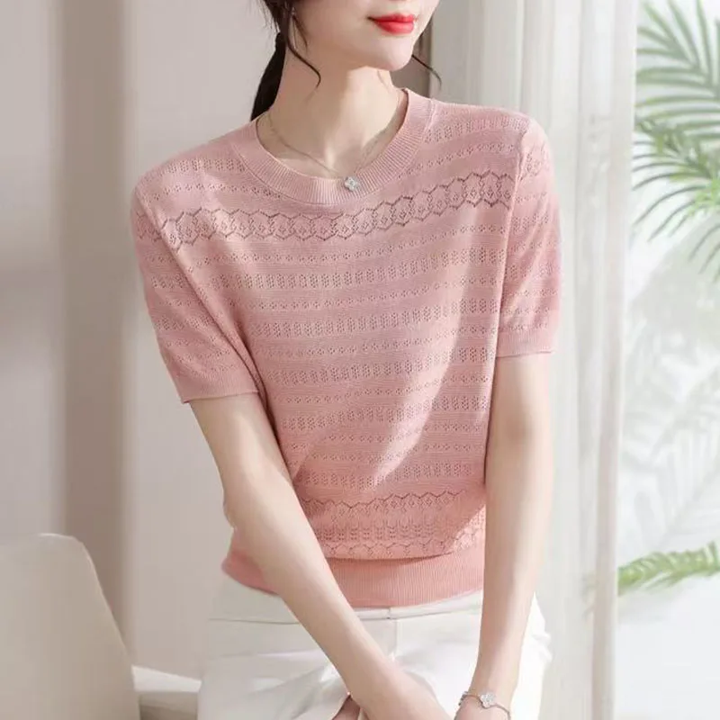 Pull à manches courtes en soie glacée pour femme, col rond, Design fin, T-Shirt court en Jacquard, nouvelle collection été