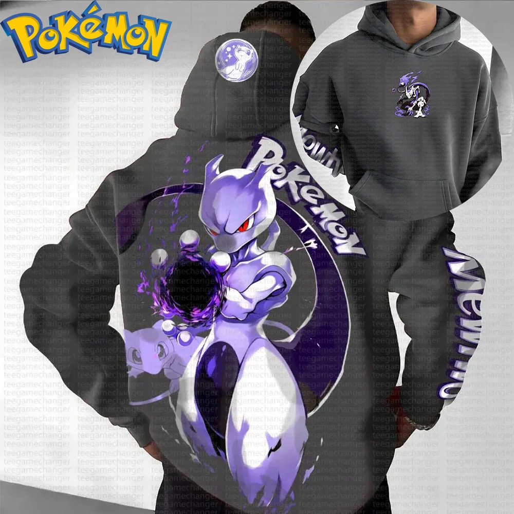 Pokemon Anime Mewtwo Sudadera con capucha de algodón y pantalones Harem conjunto gris púrpura estampado de personajes traje de dos piezas ropa de calle informal ropa de descanso