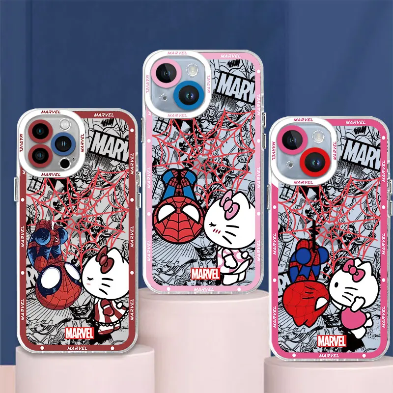 Case for iPhone 12 Pro SE XS Max 11 XR 13 Mini 14 Pro Max 7 8 15 Plus Spider Man Cute Hello Kitty Transparent Soft TPU Cover